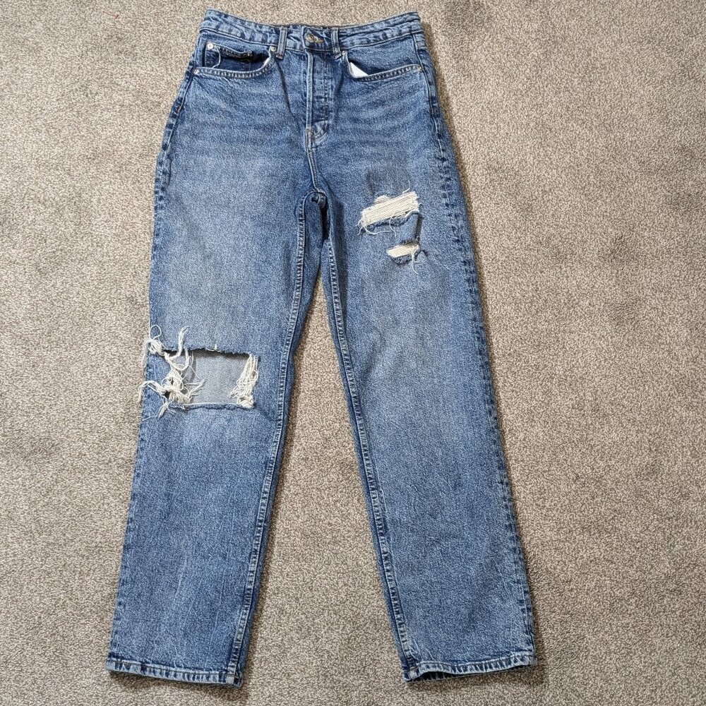 H&M DIVIDED Distressed High-Rise Button-Fly Blue Denim Jeans; Size 6